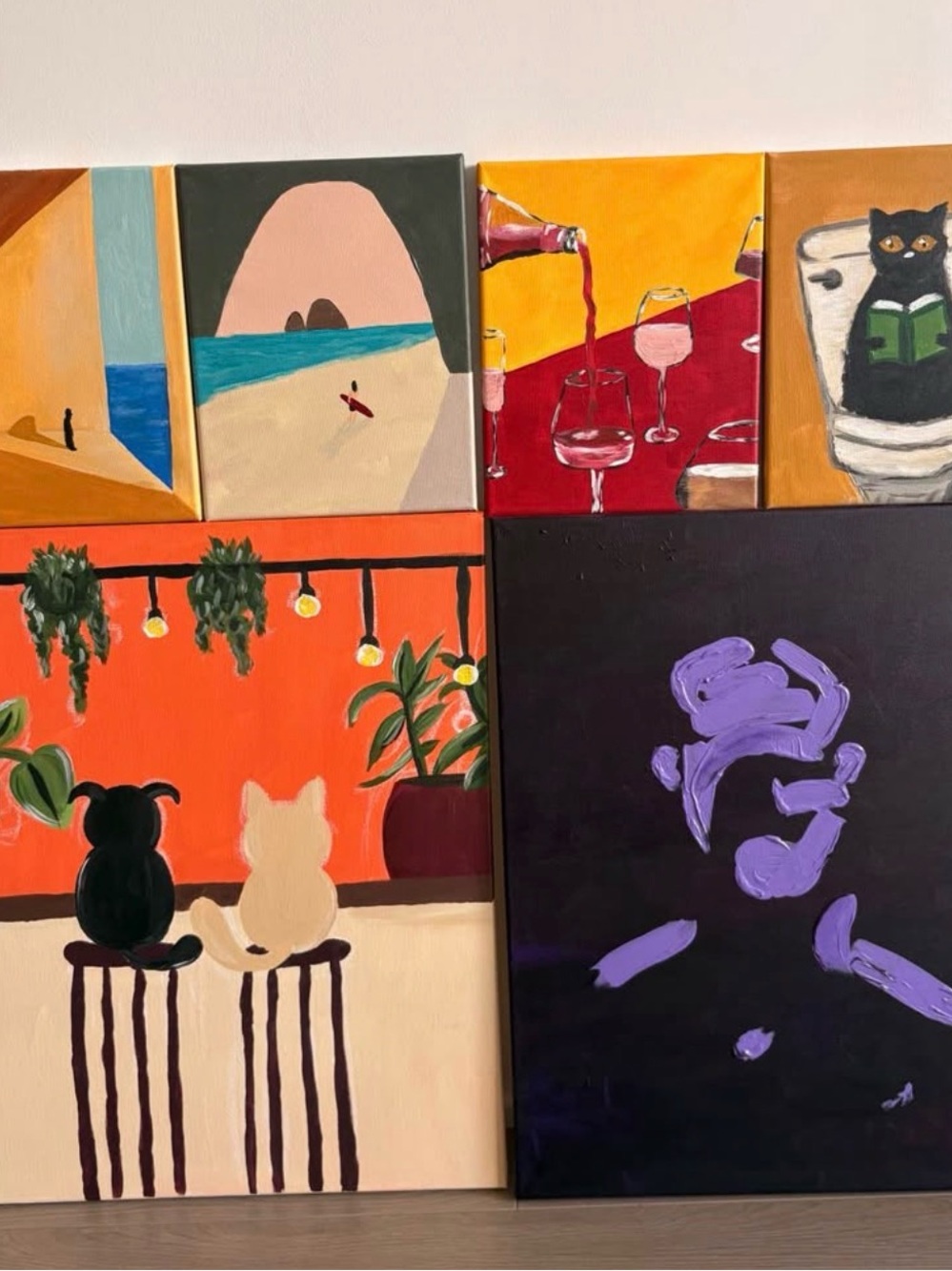Home Art Multi-Panel Cat & Abstract Canvas Set in Orange, Black, Cream, Purple
